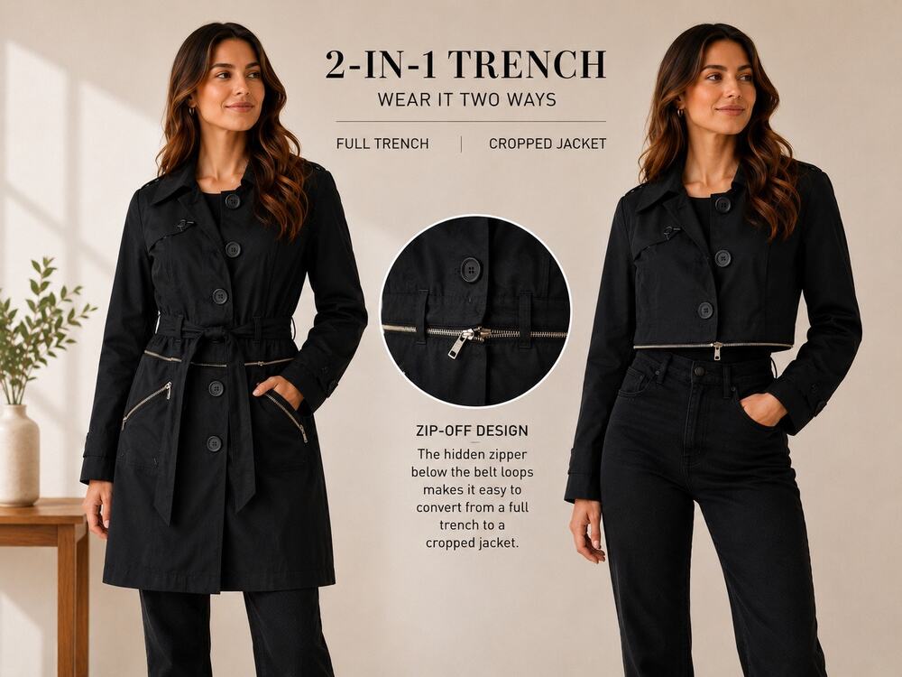 DKNY Jeans 2-in-1 Convertible Belted Black Utility Trench Coat Size S